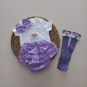 MARS BABY Kız Bebek Lila Gökkuşağı Fırfır Şort Etek Bodyli Çorap Takımı - 1