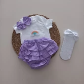 MARS BABY Kız Bebek Lila Gökkuşağı Fırfır Şort Etek Bodyli Beyaz File Takımı - 1