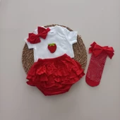 MARS BABY Kız Bebek Kırmızı Çilek Fırfır Şort Etek Bodyli Kırmızı File Takımı - 1