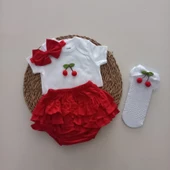 MARS BABY Kız Bebek Ponpon Kiraz Fırfır Şort Etek Bodyli Beyaz File Takımı - 1