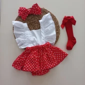 MARS BABY Kız Bebek Kırmızı Puantiyeli Fırfırlı Salopet Bandana Fiyonklu Çorap Takım - 1
