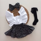 MARS BABY Kız Bebek Siyah Puantiyeli Fırfırlı Salopet Bandana Fiyonklu Çorap Takım - 1