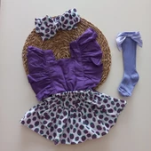 MARS BABY Kız Bebek Böğürtlen Desenli Fırfırlı Salopet Bandana Fiyonklu Lila Çorap Takımı - 1