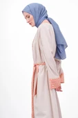 Garni Detaylı Kuşaklı Keten İkili Kimono - Bej/Oranj - 5