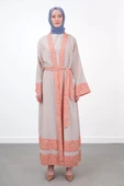 Garni Detaylı Kuşaklı Keten İkili Kimono - Bej/Oranj - 1