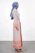 Garni Detaylı Kuşaklı Keten İkili Kimono - Bej/Oranj - 4