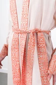 Garni Detaylı Kuşaklı Keten İkili Kimono - Bej/Oranj - 8