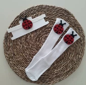 MARS BABY Kız Bebek Kırmızı Uğur Böceği Figürlü Bandana ve Beyaz Çorap Set - 1