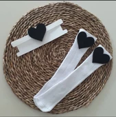 MARS BABY Kız Bebek Siyah Kalp Figürlü Bandana ve Beyaz Çorap Set - 1