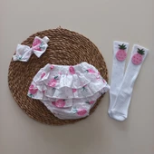 MARS BABY Kız Bebek Pembe Ananas Desenli Fırfırşort Etek Bandana Çorap Takım - 1