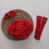 MARS BABY Kız Bebek Kırmızı Fırfırlışort Etek Bandana ve Çilek Figürlü Çorap Set - 1