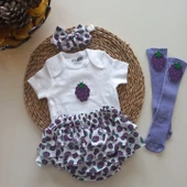 MARS BABY Kız Bebek Lila Böğürtlen Desenli Fırfırşort Etek Bandana Figürlü Çorap Set - 1