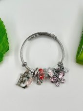 Kadın Charm E Harfi & Pembe Taşlı Çelik Kelebek Bileklik - 4
