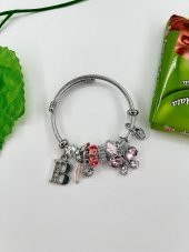Kadın Charm B Harfi & Pembe Taşlı Çelik Kelebek Bileklik - 3