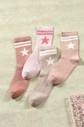 4 Çift Kadın Uzun Çorap | Yıldız Desen Extra Soft Unisex Pamuklu Patik Çorap - 1