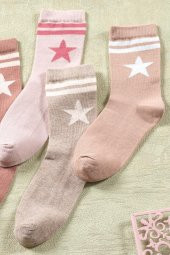 4 Çift Kadın Uzun Çorap | Yıldız Desen Extra Soft Unisex Pamuklu Patik Çorap - 3