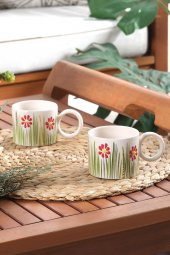 Flower | El Yapımı Seramik Kupa Fincan Bardak Mug Seramik Double Türk Kahve Fincanı - 3