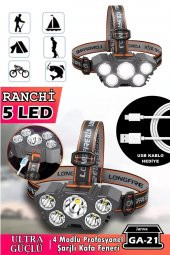 Çok Fonksiyonlu 5 Led Şarjlı Ultra Güçlü Kafa Lambası Feneri Ipx5 Su Geçirmez Litym Lion Batarya X5 - 1