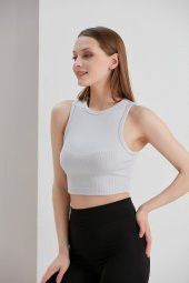 Gri Crop Bel Üstü Bayan Kaşkorse Bluz - 1