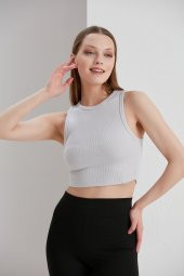 Gri Crop Bel Üstü Bayan Kaşkorse Bluz - 3