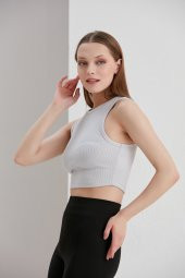 Gri Crop Bel Üstü Bayan Kaşkorse Bluz - 4