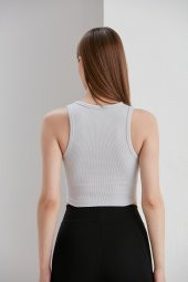 Gri Crop Bel Üstü Bayan Kaşkorse Bluz - 5