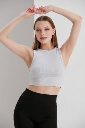 Gri Crop Bel Üstü Bayan Kaşkorse Bluz - 7