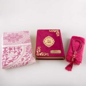 Şal +Seccade +Tesbih + Kuran Seti (Orta Boy, Kadife, Fuşya Pembe) thumbnail 2