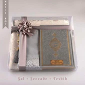 Şal + Seccade + Tesbih + Kuran Hediye Seti (Hafız Boy, Gri) thumbnail 1