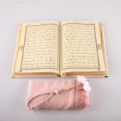 Şal + Tesbih + Kuran Hediye Seti (Hafız Boy, Kadife, Pudra Pembe) thumbnail 3