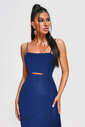 Ergü Saks Mavisi Askılı Pencere Detaylı Yırtmaçlı Midi Boy Kadın Elbise Ergü1521-2 - 3