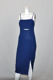 Ergü Saks Mavisi Askılı Pencere Detaylı Yırtmaçlı Midi Boy Kadın Elbise Ergü1521-2 - 5