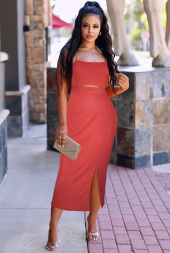 Ergü Gül Kurusu Askılı Pencere Detaylı Yırtmaçlı Midi Boy Kadın Elbise Ergü1521-3 - 1