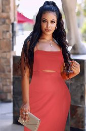 Ergü Gül Kurusu Askılı Pencere Detaylı Yırtmaçlı Midi Boy Kadın Elbise Ergü1521-3 - 3