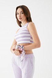 Kadın Lila Renk Mini Boy Çizgili Triko Body Crop - 1