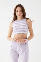 Kadın Lila Renk Mini Boy Çizgili Triko Body Crop - 2