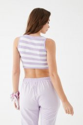 Kadın Lila Renk Mini Boy Çizgili Triko Body Crop - 3
