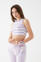 Kadın Lila Renk Mini Boy Çizgili Triko Body Crop - 5