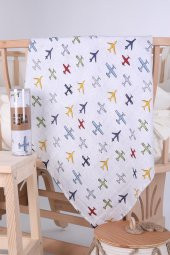 Babyhola Müslin Örtü 80x80cm Uçak Desen Organik Hediyelik Emzirme Alt Açma Yenidoğan Puset Örtüsü - 1