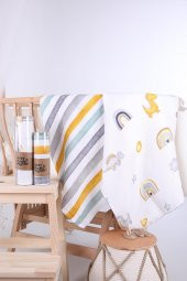 Babyhola 2li 80x80cm 85X90cm Müslin Örtü Seti Çizgi Desenli Kutulu Organik Hediyelik Emzirme Alt Açma Yenidoğan İkili Puset Örtüsü - 1
