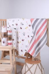 Babyhola 2li 80x80cm 85X90cm Müslin Örtü Seti Çizgi Desenli Kutulu Organik Hediyelik Emzirme Alt Açma Yenidoğan İkili Puset Örtüsü - 4
