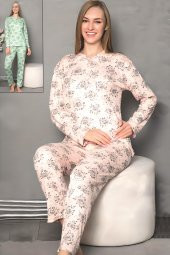 Fawn Kadın Gül Baskı 3 Düğme Uzun Kol Pijama Takımı (6806) - 2