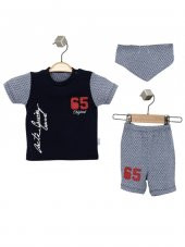 Erkek Bebek Gri Renk Nakışlı Pamuk Mevsimlik Yazlık College T-shirt Önlük ve Şort Takım - 1