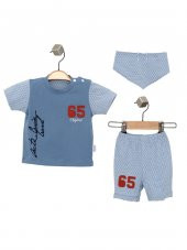 Erkek Bebek Mavi Renk Nakışlı Pamuk Mevsimlik Yazlık College T-shirt Önlük ve Şort Takım - 1