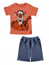 Unisex Çocuk Somon Renk Pamuklu Tiger Baskılı Yazlık T-shirt ve Şort Takım - 1