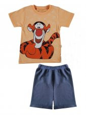 Unisex Çocuk Yavruağzı Renk Pamuklu Tiger Baskılı Yazlık T-shirt ve Şort Takım - 1