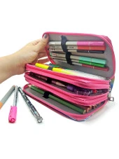 Cool Gözlüklü Unicorn Kawai Organizer Kalem Kutusu Kalemkutu Üç Bölmeli Kalemlik -Pembe thumbnail 2