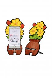 Sarı Çiçek Tasarım Ahşap Telefon Standı - 1