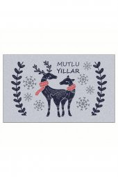 Yılbaşı Mutlu Yıllar Geyik Tasarım Kapı Önü ve Ev İçi Paspas 45x75 cm - 1