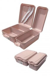 Beslenme Kutusu 2 Bölmeli Açık Pembe Renk 1 Adet Yemek Saklama Kabı Beslenme Çantası 17x22 cm - 1